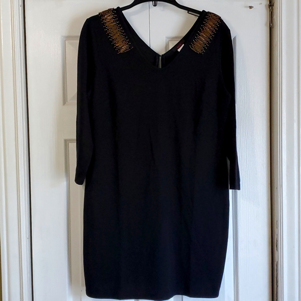 NWOT Mark. Brass embellished  shoulder 3/4 length sleeve classic black dress.